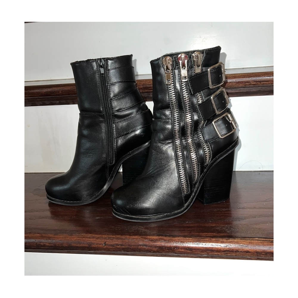 Black Leather Ankle Boots with Buckle Detail - Picture 11 of 16